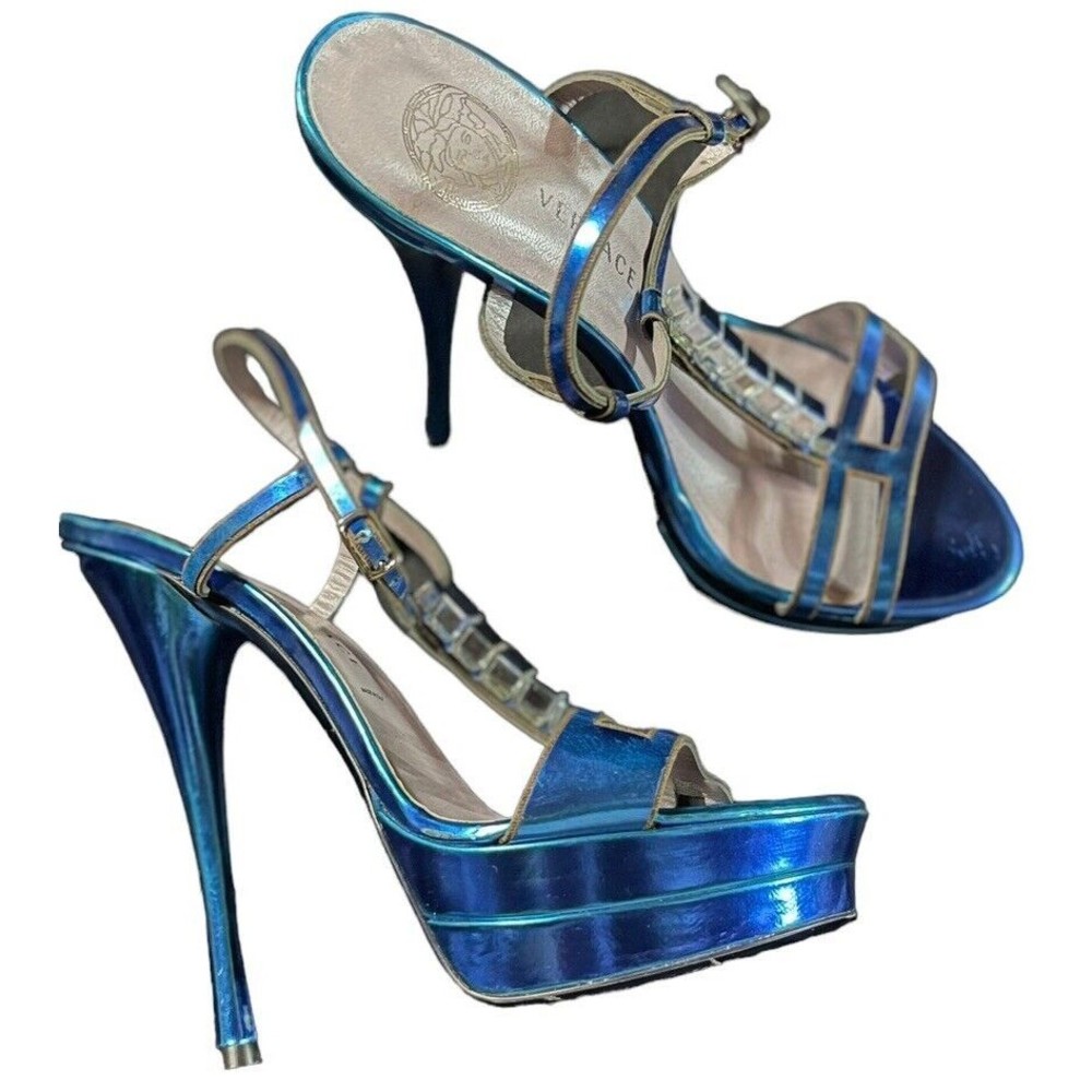 Versace IT 38 Metallic Teal Blue T-Strap Jeweled Platform Heels VTG